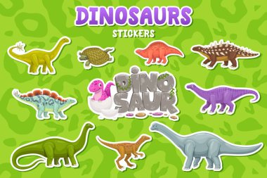 Karikatür dinozor hayvan karakterleri çıkartmaları. Tarih öncesi dinozor sürüngeni ve yumurta taşıyıcı kişiliklerdeki bebek dino. Şirin eoraptor, brontozor, wuerhosaurus, lotosaurus ve henodus çıkartmaları.