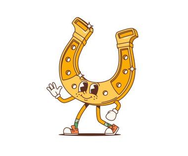 Aziz Patrick Günü tatili için çizgi film karakterleri, vektör kişiliği. İrlanda Aziz Patrick Günü için 70 'lerin hippi sanatında komik at nalı harika bir karakter.