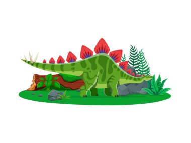 Dinozor veya tarih öncesi kertenkele Stegosaurus ve dinozor hayvan karakteri, karikatür vektörü. Çocuk paleontoloji ansiklopedisi ve dino atlası için zırhlı omurgalı Stegosaurus dinozoru.