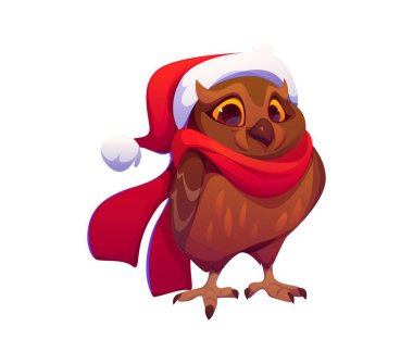 Kırmızı Noel Baba şapkası ve eşarbı takan çizgi film baykuşu Noel karakteri. Kış sıcaklığı ve tatil ruhu katıyor. İzole vektör şenlikli kahverengi neşeli baykuş mevsimlik Xmas kutlamalarına hazır.