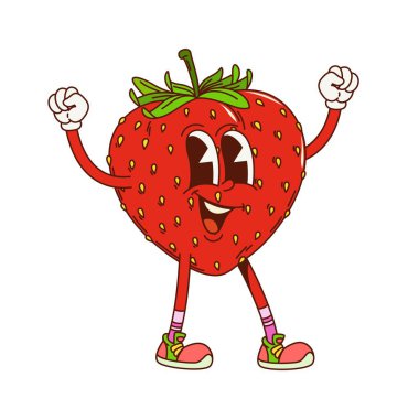 Çizgi filmlerdeki gibi harika çilek karakterli, ellerini kaldırmış, neşe saçan, anlamlı gözleri olan ve gülümseyen. İzole edilmiş vektör oldukça olgun ve sulu böğürtlen retro y2k kişiliği modaya uygun hippi ayakkabıları giyer.