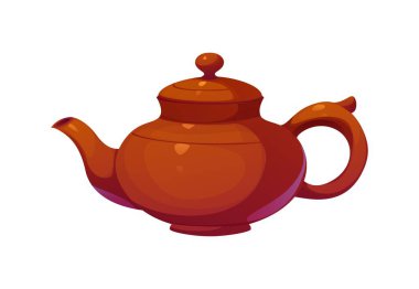 Geleneksel olarak çay demlemek için kullanılan, ay yeni yılı için klasik kahverengi Çin kil çaydanlığı. Yuvarlak gövdeli izole vektör ısıtıcısı, kıvrımlı tutacağı ve püskürtülmüş Asya zarafeti sergiliyor.