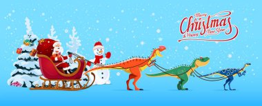 Cartoon Santa sleigh with dinosaurs whimsical festive Holiday scene. Santa Claus riding in a sleigh pulled by playful dino animals at snowy winter background with a snowman and pine tree clipart