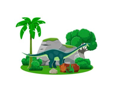 Amygdalodon prehistoric dinosaur cartoon character. Isolated vector dino with green skin, long neck and tail standing at natural Jurassic era habitat landscape with rocks, fallen log and palm trees clipart