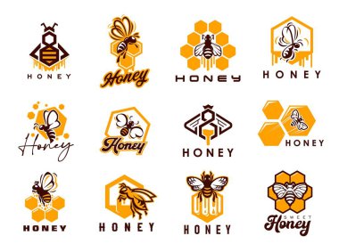 Bal arısı, arıcılık ikonları. Arı böceklerinin, bal peteklerinin ve altıgen balmumunun altın çiçekli nektar damlalarının ardışık sembolleri. Doğal bal etiketleri, sağlıklı gıda ürünleri ambalaj etiketleri.