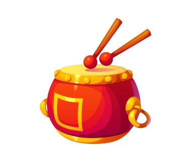 Dekoratif altın detayları ve iki bageti olan geleneksel Çin davulu. Ayın yeni yılı boyunca festivallerde ya da kültürel performanslarda kullanılan izole çizgi film vektör perküsyon enstrümanı