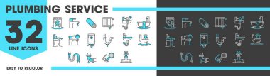 Plumbing service line icons of water pipe drain or sewerage repair vector pictograms. Plumber service icons for kitchen sink and bathroom pipe leak, blockage fix and sewage pipes sanitary maintenance clipart