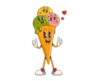 Çizgi film eski moda dondurma karakteri. Vanilyalı dondurma tatlı çizgi film karakteri, waffle külahlı dondurma harika vektör kişiliği. Şekerci dükkanı dondurulmuş tatlı karikatür maskotu.