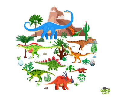 Prehistoric dinosaurs banner with Jurassic lizards and dino characters, vector background. Funny T-rex tyrannosaurus and dinosaurs in jungle forest for kids dino world atlas book or encyclopedia clipart