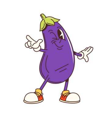 Havalı patlıcan karakteri ya da komik yüzlü retro çizgi film sebzesi, vektör çizgi romanı. Neşeli bir gülümseme ve sebze yemeği emojisi ya da çizgi film karakteri için garip bir duygu ile göz kırpan harika bir patlıcan.