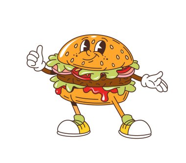 Çizgi film, komik yüzlü, vektör çizgi roman sanatı olan harika bir fast food karakteri. Fevkalade bir fast food burgeri ya da çizburgerin baş parmağı havada jesti ve retro çizgi filmdeki garip mutlu gülümsemesi.