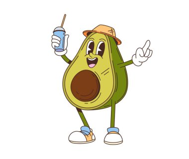 Komik yüzlü, çizgi film modası geçmiş avokado karakteri, vektör komik emojisi. Soda ya da hipster şapkalı smoothie ile nefis avokado ve çizgi film meyveleri ve sebzeler için komik gülüşlü ayakkabılar.