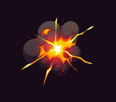 Patlama etkisi, çizgi film bulutu, çizgi roman ateşi ve duman. Karanlık duman ve kıvılcımlar saçan patlayıcı parlak alevler. Şiddetli, tehlikeli ve çarpışmada dramatik etki