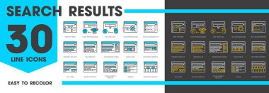 SERP line icons, search engine result page. Cost per millennium, SEO optimization, text autocomplete and knowledge panel. Image pack, featured or review snippets, site links, paid or organic results clipart