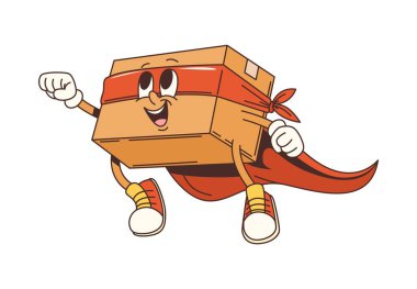 Harika bir karton kutu çizgi film kahramanı karakteri. Vektör posta servisi ya da ekspres nakliye retro kişiliği. Ayrı bir paket, kırmızı pelerinli ve spor ayakkabılı, yumruğu havada uçan.