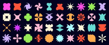 Y2K vahşiliği vektör kümesini şekillendirir. Canlı ve koyu renklere sahip modern soyut formlar, 2000 'lerin başındaki estetik nostalji titreşimlerini çağrıştırıyor. Gelecekçi vahşi geometrik figürler, sürreal semboller