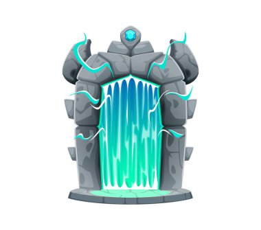 Sihirli fantezi ışınlanma, peri masalı varlığı, kapı ya da kapı. Çizgi film taşıyıcısı, üzerinde gizemli bir kristal bulunan antik taşlar arasındaki bariyer gibi suyu büyüledi.