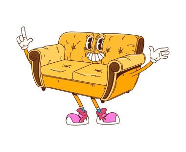 Çizgi film kanepede harika mobilya karakteri ifade edici gözleri, büyük bir gülümsemesi ve spor ayakkabıları var. İzole edilmiş vektör kanepe retro kişiliği bir el ve el sallama hareketiyle işaret ediyor.