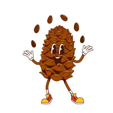 Geçmişteki çizgi filmlerde komik suratlı çam fıstığı konisi karakteri, vektör komedi emojisi. Harika kozalak. Fındık tohumlarını hokkabazlıkla çeviriyor. Psikedelik retro çizgi film karakteri için neşeli bir gülümsemeyle.