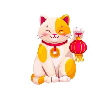 Japon çizgi filmi Maneki Neko şanslı kedisi elinde kırmızı bir fener tutarak patisini kaldırmış gülümsüyor. İzole edilmiş vektör kedi, altın madalyonlu kırmızı önlük ve hoş karşılayıcı, neşeli bir ifade içerir.