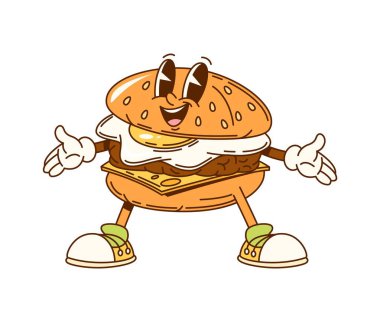 Çizgi film süper hamburger fast food karakteri. İzole vektör retro lezzetli çizburger fast food kişiliği peynirli, biftekli ve sahanda yumurtalı geniş bir gülümsemeyle pozitiflik yayıyor.