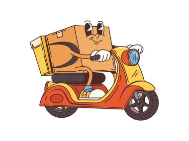Scooter kullanan karton karton paket karikatür karakteri. Motosiklet kullanan komik bir vektör paketi. Gülümseyen sırt çantalı, hızlı posta ya da posta servisi olan müşterilere kargo gönderen kişi