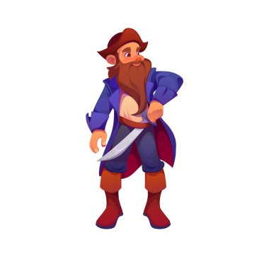 Çizgi film korsanı ve korsan şapkalı kaptan karakter. İzole edilmiş vektör, sakallı ve bıyıklı bir gezgin. Açık deniz maceraları için kemerinde kılıçla bekliyor.