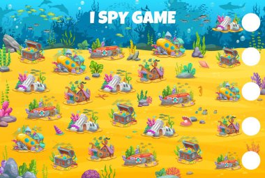 I spy game worksheet, underwater cartoon houses and fairytale buildings. Vector riddle with treasure chest, ruin, ship, submarine and boat fantasy homes on sea bottom. How many dwellings children test clipart