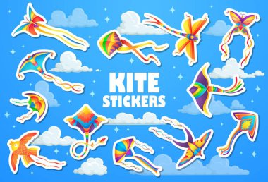 Kite toy flying in sky clouds stickers pack. Colorful summer toy vector adhesive stickers, rainbow color golden fish, butterfly and dragonfly kites. Flying paper wing with colorful ribbons tails clipart