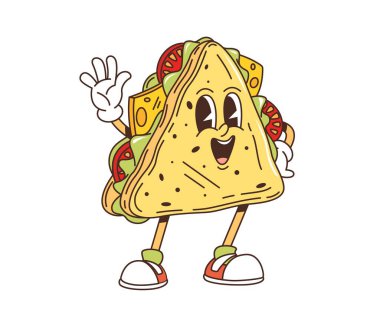 Eski moda çizgi film fast food sandviç karakteri, vektör komedi emojisi. Neşeli gülüşlü, komik suratlı, şık sandviç. Fast food çizgi film karakteri ya da çocuk menüsü için merhaba ya da merhaba jesti.