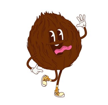 Harika hindistan cevizi karakteri. Garip suratlı, yapışkan dilli, spor ayakkabı giyen, neşeli bir Y2K hippi havasını ve sağlıklı yiyecekleri temsil eden izole edilmiş tropikal vektör veya fındık retro kişiliği.