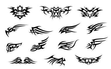 Y2k kabilesinin neo-gotik dövme kalıpları ayarlandı. Y2k neo gotik psikedelik dövme vektör sembolü, 2000 'lerin heavy metal alev şekli. Emo ya da gotik alt kültür soyut desen süsü, kabile grafik baskısı