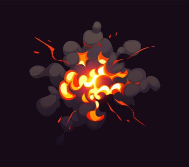 Çizgi roman ateşi ve duman. Patlama etkisi, çizgi film patlama bulutları canlı alevler ve karanlık dumanla, patlamanın şiddetini ve hareketini vurguluyor, enerji, güç veya patlayıcı silah