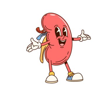 Harika bir insan böbreği karakteri. İzole edilmiş karikatür vektör anatomik pozitif retro kişilik, gülen yüzlü iç vücut organı. Çocuklar için tıp eğitimi, eğlence anatomisi bilimi, böbrek sağlığı hizmetleri