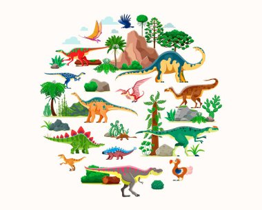 Tarih öncesi dinozorlar, karikatür vektör dino karakterler Jurasik dönemin ortasında palmiye ağaçları, eğrelti otları, bitkiler ve kayalar ile izole edilmiş şekildeler. Paleontoloji bilimi sürüngen hayvanlar