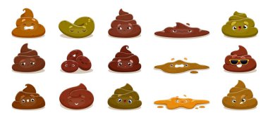 Cartoon poop emoji, poo characters with funny faces, sunglasses and cute smiles. Happy poop and excrement vector emojis, brown toilet shit and stinky poo emoticons. Isolated piles of crap and feces