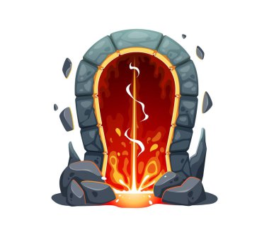 Sihirli portal kapısı, fantezi peri masalı ışınlanma oyunu varlığı. İzole edilmiş karikatür vektörü mistik antik tünel kemerli taş kapı aralığı ve ateşli enerjisi ile maceraperestleri fantastik dünyaları dolaşmaya çağırıyor.