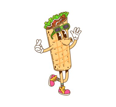 Retro çizgi film süper fast food shawarma ya da neşeli yüzlü burrito hippi karakteri, klasik spor ayakkabı ve güneş gözlüğü takıyor. İzole edilmiş vektör lezzetli rulo et, çocuk menüsü için kişilik