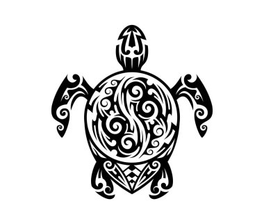 Maori kabilesi kaplumbağa sürüngen hayvan dövmesi. Geleneksel girdap şekilleri ve siyah mürekkeple dolu. İzole vektör kaplumbağa şekli kültürel ve okyanussal anlamdaki uzun yaşam ve bilgeliği yansıtır.