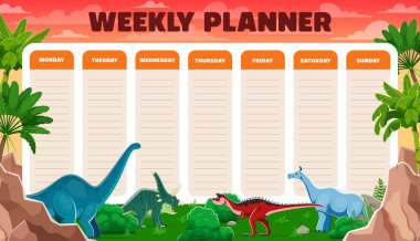 Haftalık planlama çizelgesi orman ormanı vektör çerçevesindeki komik tarih öncesi dinozorlar. Günlük program, hafta takvimi ya da planlamacı, sevimli brontozorlar, chasmosaurus ve carnotaurus dinos