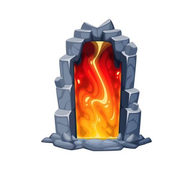 Fantezi oyunu, sihirli kapı, cadılık, ışınlanma kapısı oyunu. Mistik taş kemer yolu turuncu, kırmızı ve sarı tonlarında parlayan plazma. Sihirli diyara çizgi film vektör geçidi