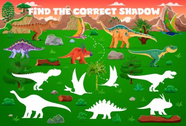 Tarih öncesi dinozorların doğru gölgesini bul çocukların oyun kağıtlarında, çizgi film vektörlerinde. Doğru gölge siluet oyununu T Rex tyrannosaurus, dinozor kertenkeleleri ve Jurassic sürüngenleriyle eşleştir ve bul