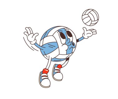 Çizgi film süper voleybol karakteri hareket halinde, daha küçük bir voleybol topuna odaklanmış bir ifadeyle hizmet ediyor. İzole edilmiş vektör spor kişiliği oyunun keyfini yakalıyor, sportif bir hava veriyor.