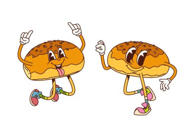 Çizgi film modası geçmiş Japon anpan çöreği karakterleri hoş geldin jestleriyle sevinir. İzole edilmiş vektör lezzetli Japon fasulyeli ekmek kişilikleri hippi spor ayakkabılarıyla Asya kafesini ziyaret etmeye davet ediyorlar.