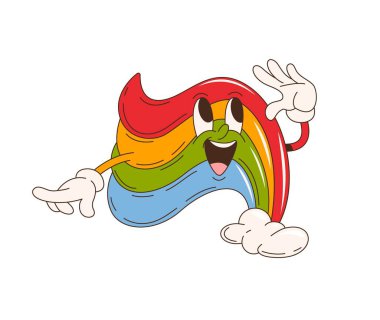 Çizgi film eski moda gökkuşağı karakteri. Bulut, psikedelik renkler, dışa dönük gözler ve geniş, ışıldayan gülümseme, gökyüzünde pozitiflik ve neşe saçan izole bir vektör.