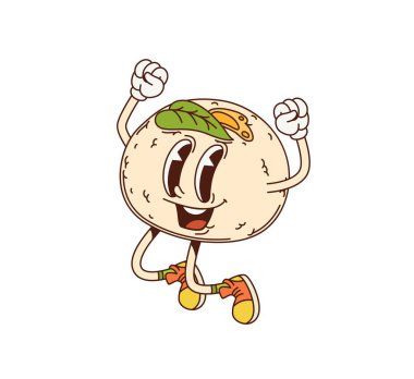 Çizgi film eski moda Japon namagashi tatlı karakteri neşeyle atlıyor. Vektör çekici şekerleme kişiliği. Komik ve mutlu geleneksel Japon tatlıları neşeli bir gülümseme ve el kaldırma ile neşelenir.