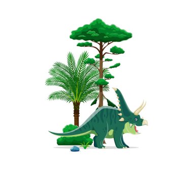 Chasmosaurus prehistoric dinosaur character. Isolated cartoon vector triceratops like dino with green spotted skin and horns, stands at lush Jurassic era landscape with trees, rocks and green bushes clipart