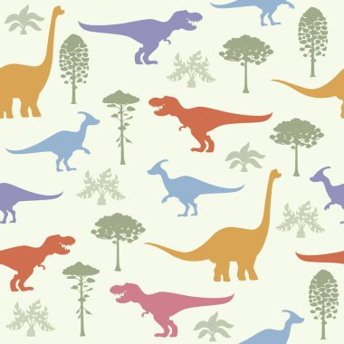 Tarih öncesi dinazorlar kusursuz kalıplı arka plan, vektör karikatür dino siluetleri. T-Rex dinozoru, Jurasik kertenkeleler ve orman ağaçlı sürüngenler çocuklar için baskı ya da tekstil arka planında