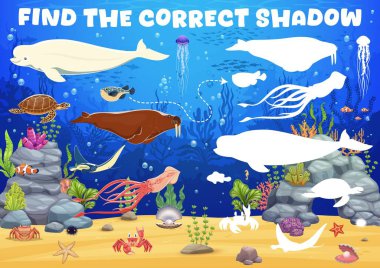Çocuklar su altında deniz hayvanlarının doğru gölgelerini bulmak için oyun oynarlar. Aynı karikatür gölgesini bulup eşleştirmek için bulmaca oyunu. Komik sualtı balığı, yunus ve mürekkep balığı, okyanusta kaplumbağa.