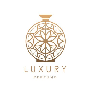 Luxury perfume fragrance icon. Isolated vector elegant and intricate golden scent vial emblem for branding high end fragrances and beauty products, exudes sense of opulence and luxury style for brand clipart